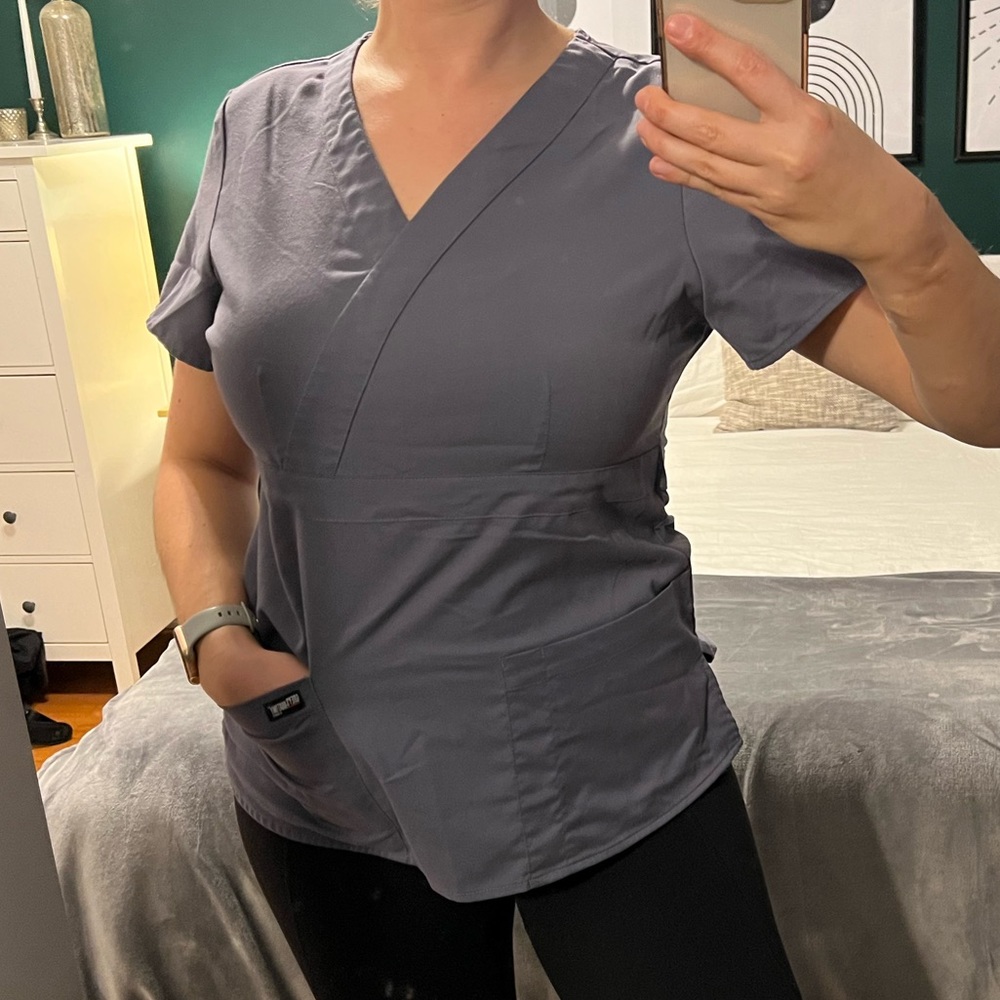 Grey’s Anatomy mock-wrap scrub top.